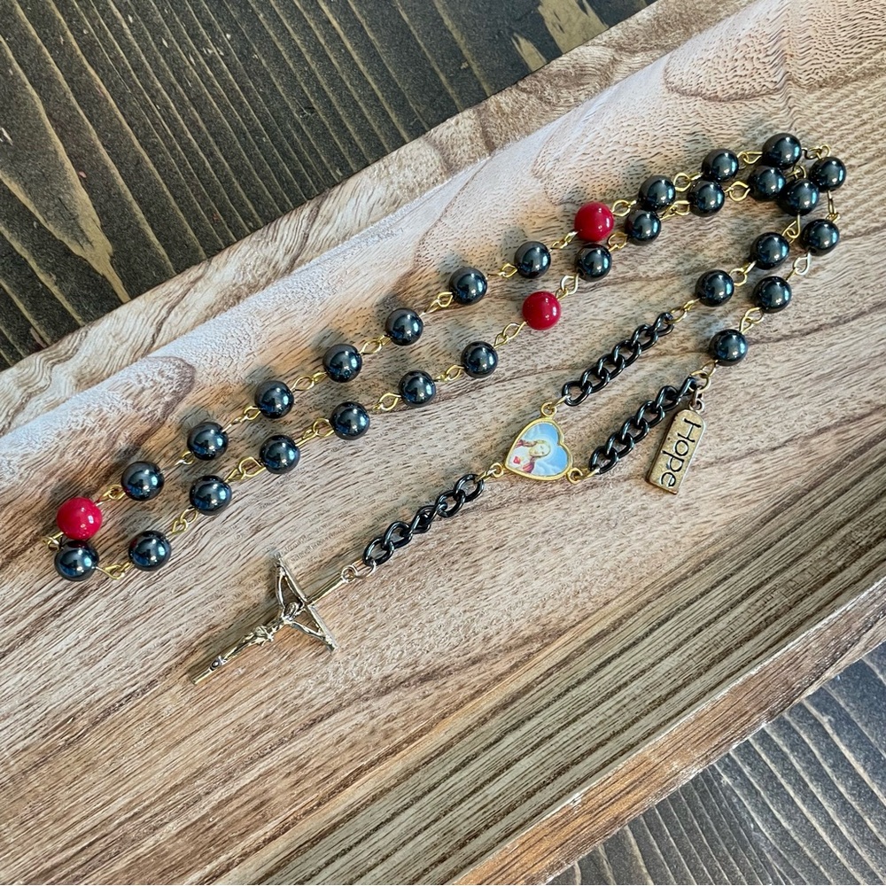 Black and Red Beaded Rosary with Hope Charm